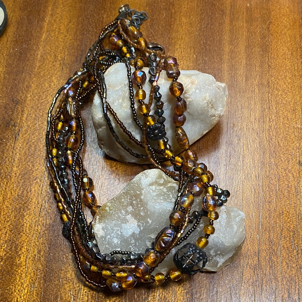 Elegant Multi-Strand Beaded Necklace 7 brown yellow pink metal glass